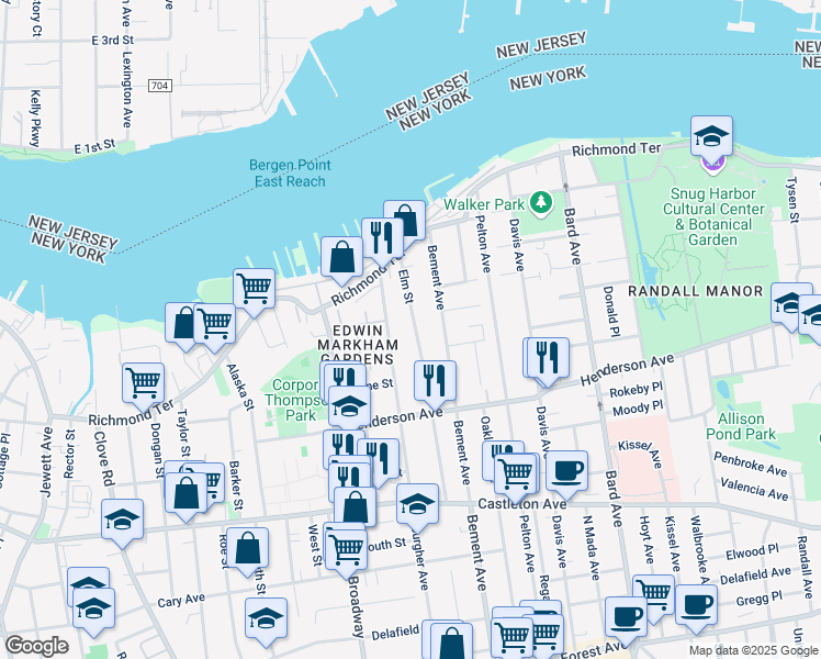 map of restaurants, bars, coffee shops, grocery stores, and more near 83 North Burgher Avenue in Staten Island