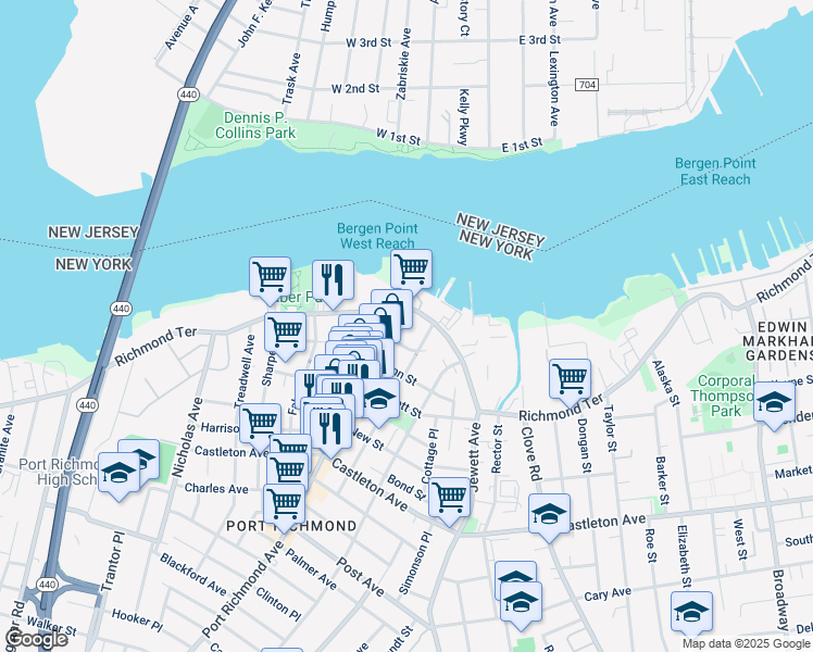 map of restaurants, bars, coffee shops, grocery stores, and more near 55 Church Street in Staten Island