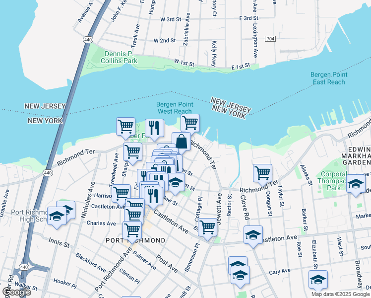 map of restaurants, bars, coffee shops, grocery stores, and more near 55 Church Street in Staten Island