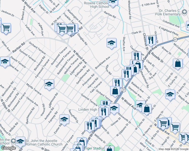 map of restaurants, bars, coffee shops, grocery stores, and more near 1415 North Wood Avenue in Linden