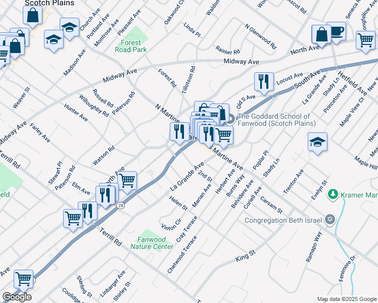 map of restaurants, bars, coffee shops, grocery stores, and more near 32 2nd Street in Fanwood