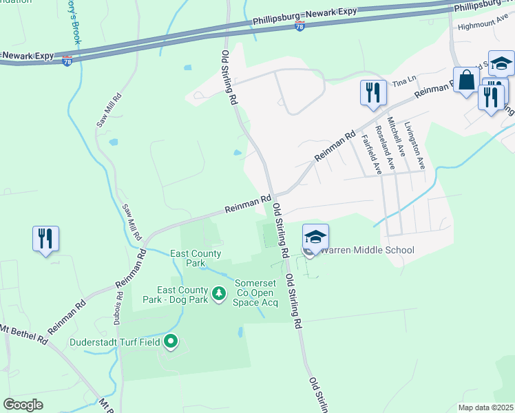 map of restaurants, bars, coffee shops, grocery stores, and more near 54 Reinman Road in Warren