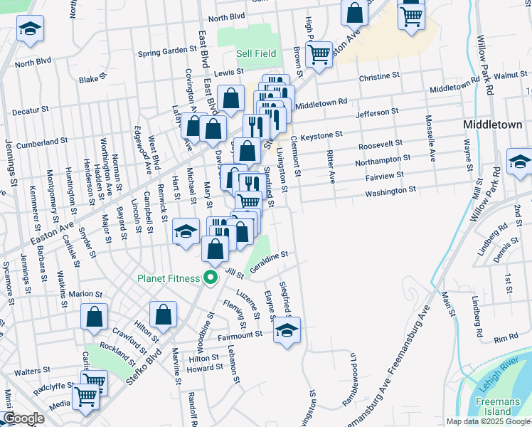 map of restaurants, bars, coffee shops, grocery stores, and more near 1880 Stefko Boulevard in Bethlehem