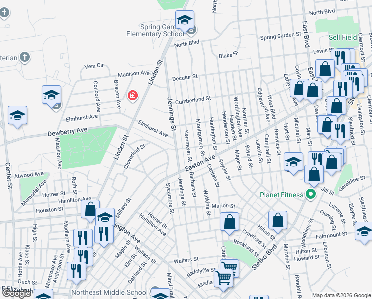 map of restaurants, bars, coffee shops, grocery stores, and more near 1921 Kemmerer Street in Bethlehem