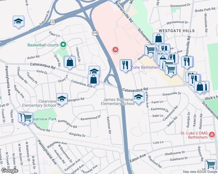 map of restaurants, bars, coffee shops, grocery stores, and more near 1745 Catasauqua Road in Bethlehem