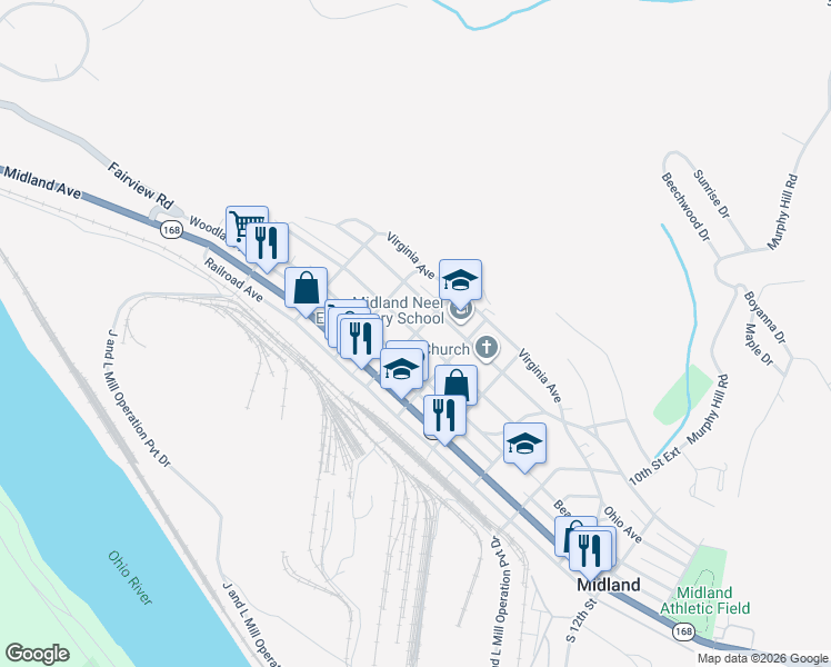 map of restaurants, bars, coffee shops, grocery stores, and more near 98 6th Street in Midland