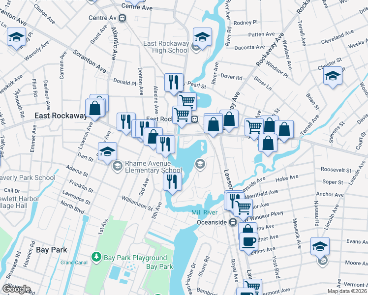 map of restaurants, bars, coffee shops, grocery stores, and more near 441 Marina Pointe Drive in East Rockaway