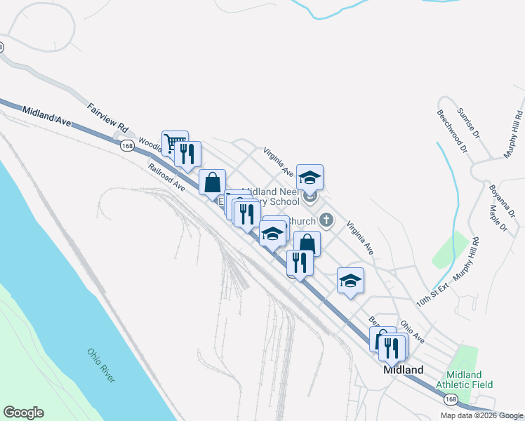 map of restaurants, bars, coffee shops, grocery stores, and more near 532 Beaver Avenue in Midland