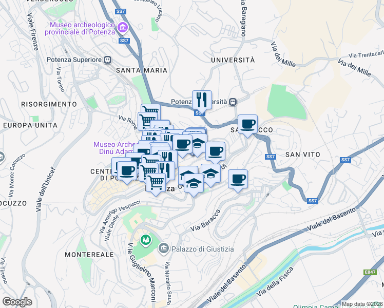 map of restaurants, bars, coffee shops, grocery stores, and more near 6 Via Vescovado in Potenza