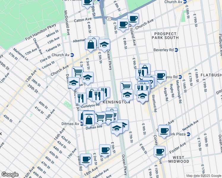 map of restaurants, bars, coffee shops, grocery stores, and more near 370 Ocean Parkway in Brooklyn