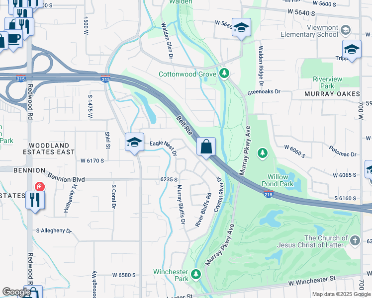 map of restaurants, bars, coffee shops, grocery stores, and more near 1192 Raton Lane in Murray