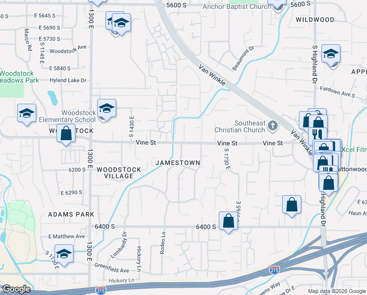 map of restaurants, bars, coffee shops, grocery stores, and more near 6153 Rodeo Lane in Murray