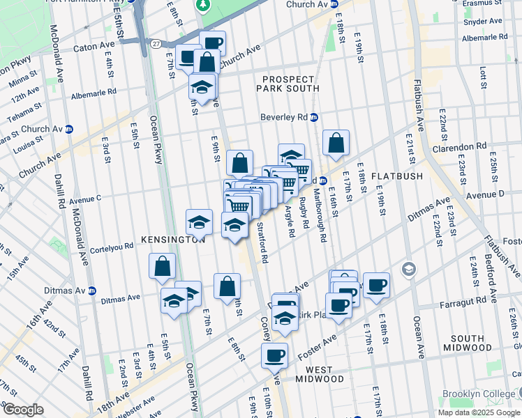 map of restaurants, bars, coffee shops, grocery stores, and more near 1022 Cortelyou Road in Brooklyn