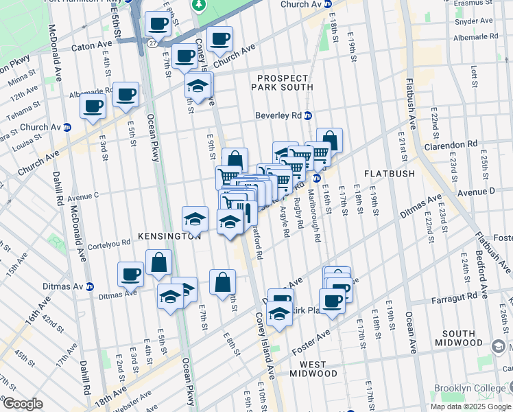 map of restaurants, bars, coffee shops, grocery stores, and more near 1022 Cortelyou Road in Brooklyn