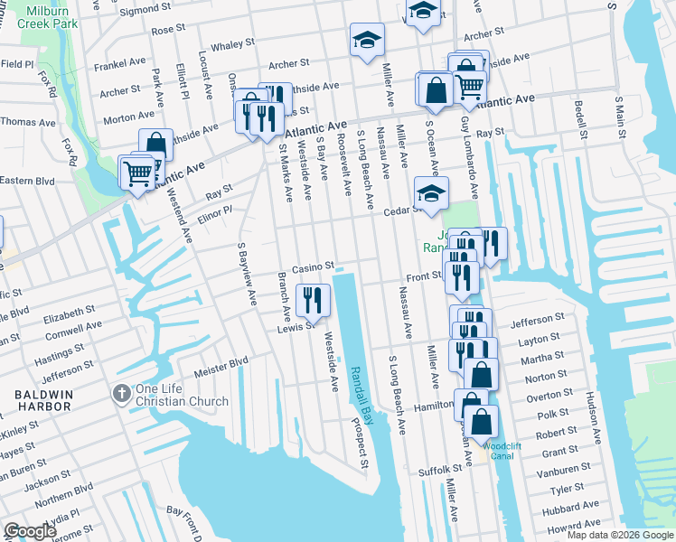 map of restaurants, bars, coffee shops, grocery stores, and more near 328 Roosevelt Avenue in Freeport