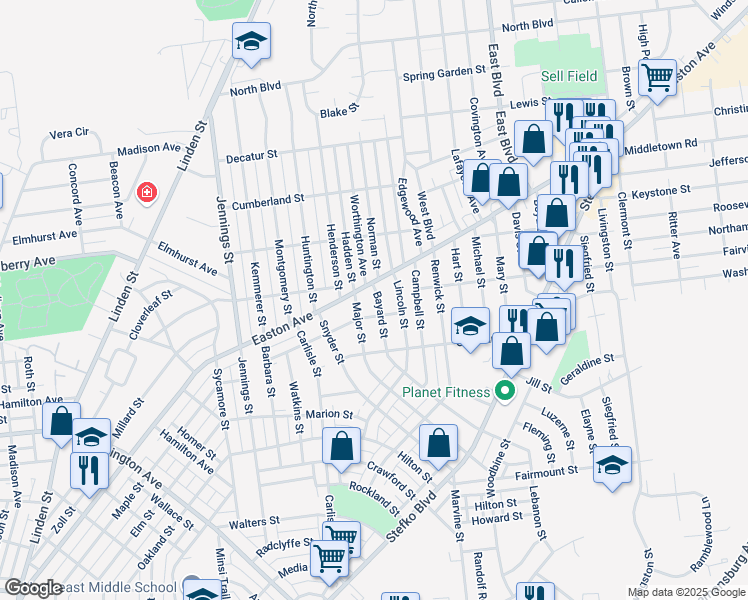 map of restaurants, bars, coffee shops, grocery stores, and more near 1105 Nicholas Street in Bethlehem
