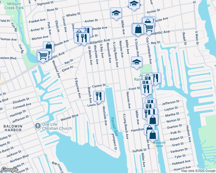 map of restaurants, bars, coffee shops, grocery stores, and more near 31 Casino Street in Freeport