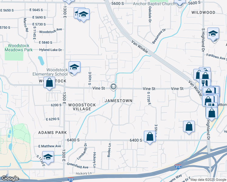 map of restaurants, bars, coffee shops, grocery stores, and more near 1580 Vine Street in Murray