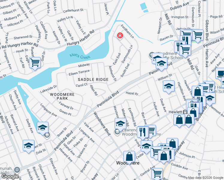 map of restaurants, bars, coffee shops, grocery stores, and more near 960 Westwood Road in Woodmere