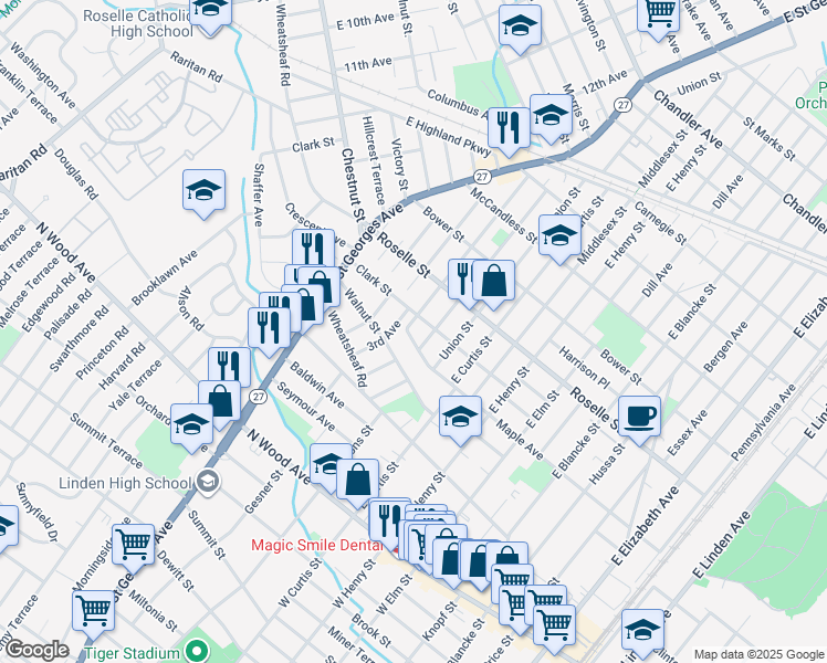 map of restaurants, bars, coffee shops, grocery stores, and more near 901 Maple Avenue in Linden