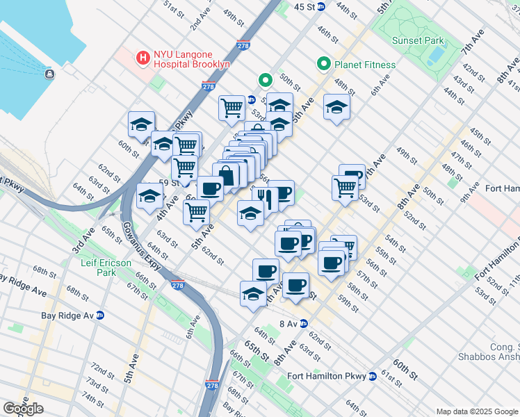 map of restaurants, bars, coffee shops, grocery stores, and more near 553 58th Street in Brooklyn
