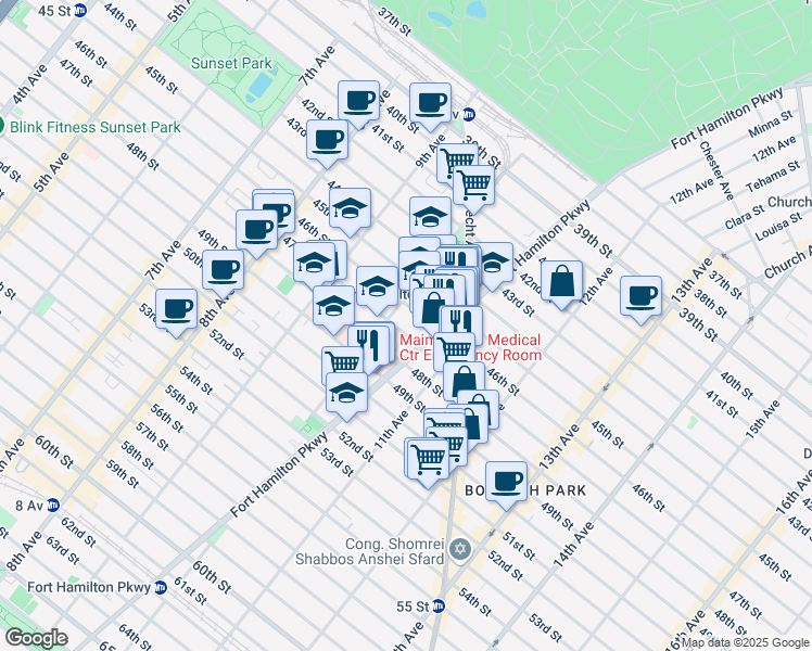 map of restaurants, bars, coffee shops, grocery stores, and more near 1046 47th Street in Brooklyn