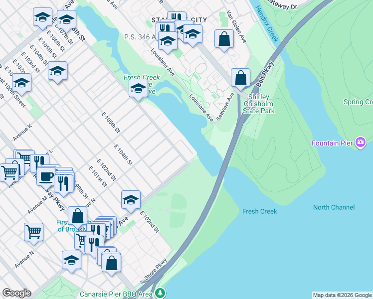map of restaurants, bars, coffee shops, grocery stores, and more near 108-19 Seaview Avenue in Brooklyn