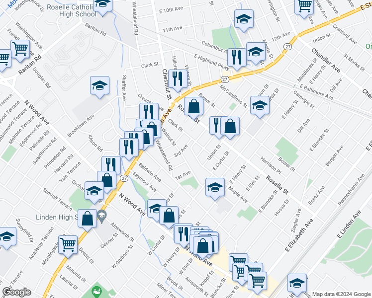 map of restaurants, bars, coffee shops, grocery stores, and more near 414 3rd Avenue in Linden