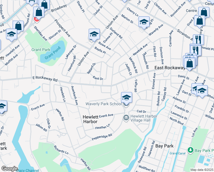 map of restaurants, bars, coffee shops, grocery stores, and more near East Rockaway Road in East Rockaway
