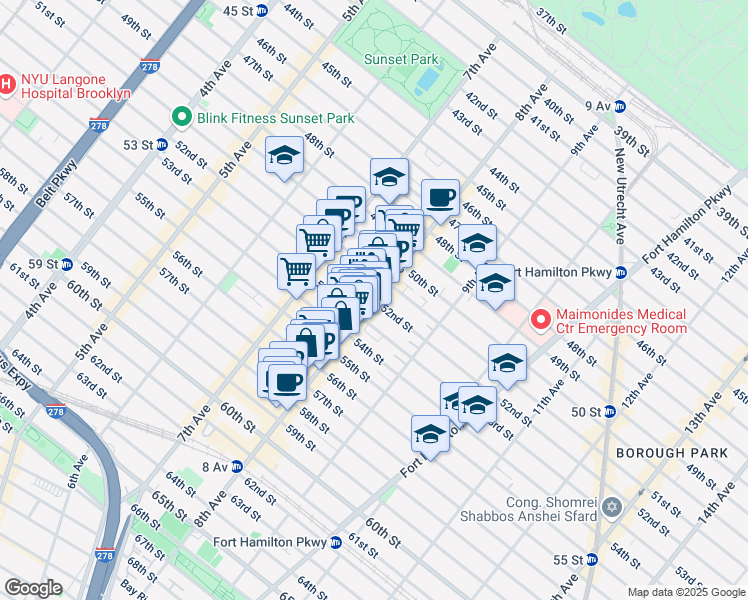 map of restaurants, bars, coffee shops, grocery stores, and more near 52nd St & 8th Ave in Brooklyn