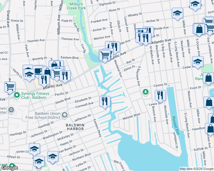 map of restaurants, bars, coffee shops, grocery stores, and more near 43 Anchor Street in Freeport