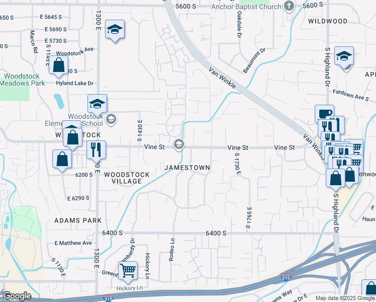 map of restaurants, bars, coffee shops, grocery stores, and more near 1580 Vine Street in Murray