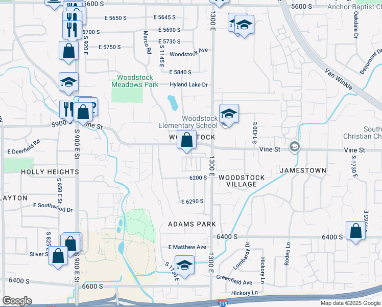 map of restaurants, bars, coffee shops, grocery stores, and more near 6140 Vine Park Drive in Murray