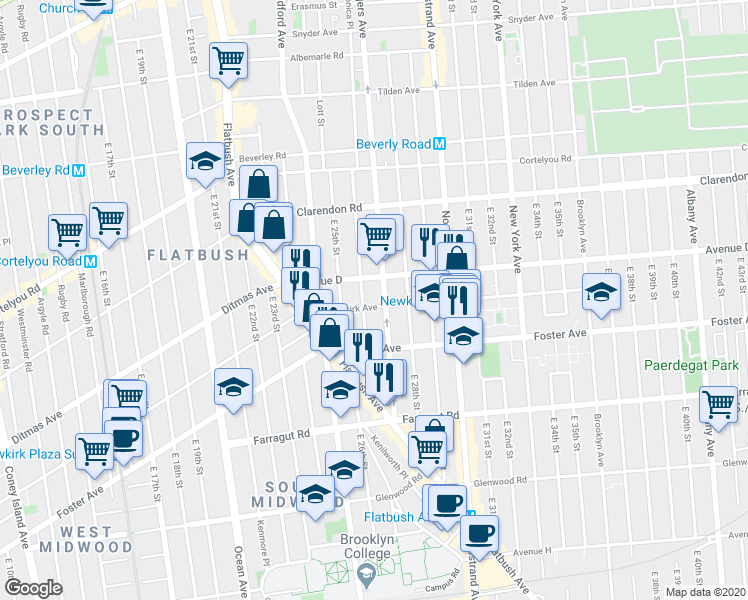 map of restaurants, bars, coffee shops, grocery stores, and more near 1242 Rogers Avenue in Brooklyn