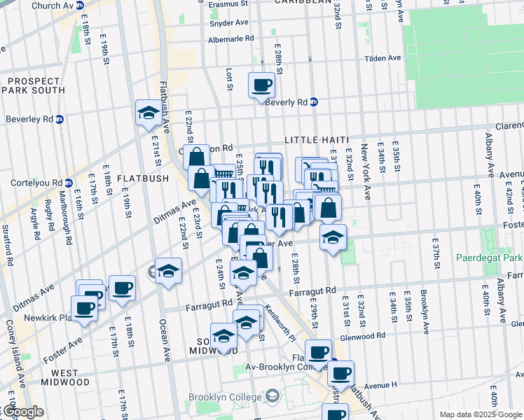 map of restaurants, bars, coffee shops, grocery stores, and more near 1242 Rogers Avenue in Brooklyn