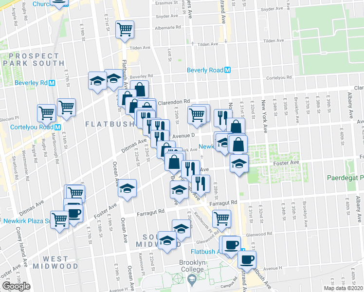 map of restaurants, bars, coffee shops, grocery stores, and more near 2523 Newkirk Avenue in Brooklyn