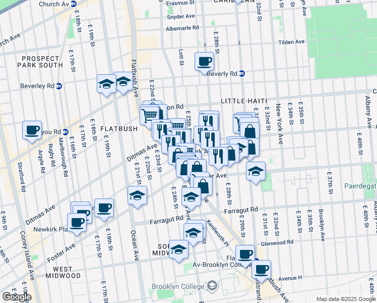 map of restaurants, bars, coffee shops, grocery stores, and more near 2523 Newkirk Avenue in Brooklyn