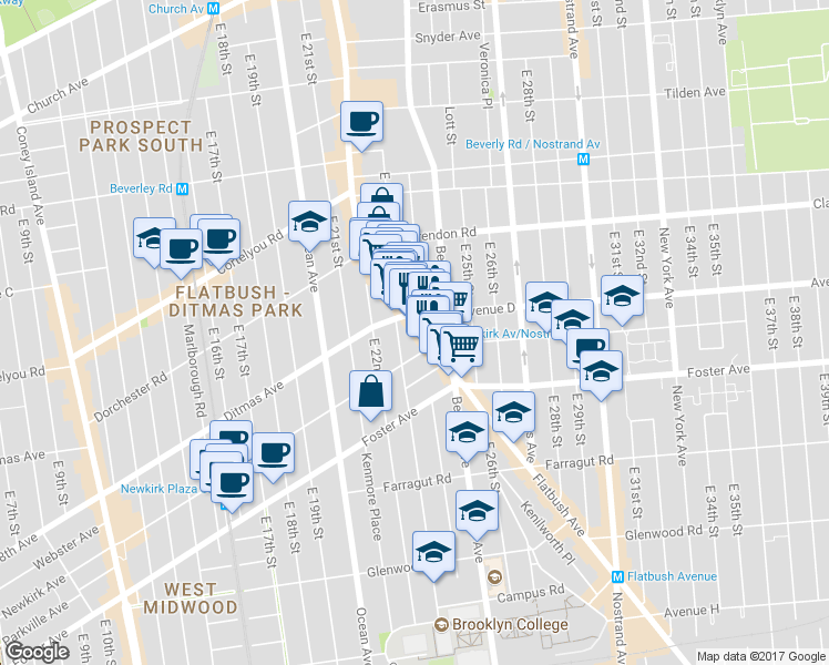 map of restaurants, bars, coffee shops, grocery stores, and more near 435 East 23rd Street in Brooklyn