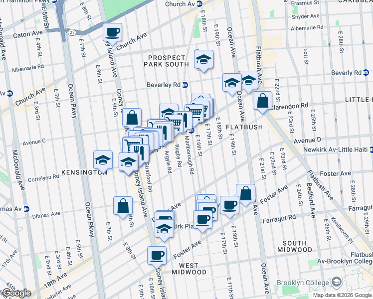 map of restaurants, bars, coffee shops, grocery stores, and more near 427 Rugby Road in Brooklyn