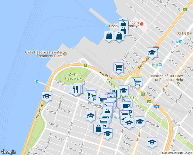 map of restaurants, bars, coffee shops, grocery stores, and more near 6645 Bergen Place in Brooklyn
