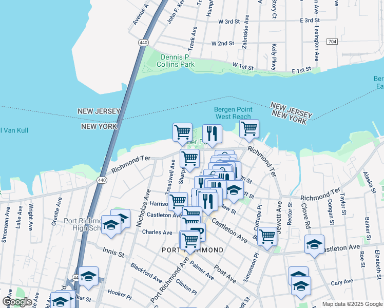 map of restaurants, bars, coffee shops, grocery stores, and more near 57 Larkin Street in Staten Island