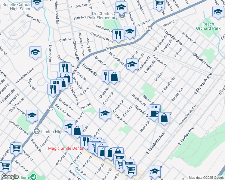 map of restaurants, bars, coffee shops, grocery stores, and more near 552 East Curtis Street in Linden