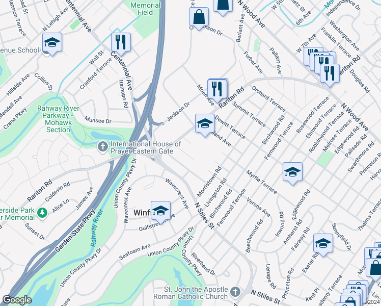 map of restaurants, bars, coffee shops, grocery stores, and more near 2812 Verona Avenue in Linden