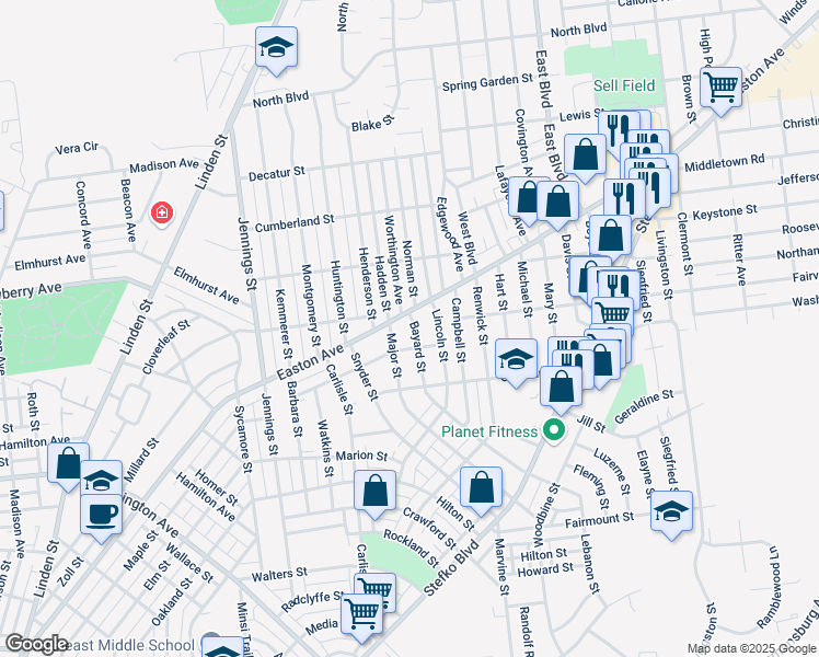 map of restaurants, bars, coffee shops, grocery stores, and more near 1105 Nicholas Street in Bethlehem