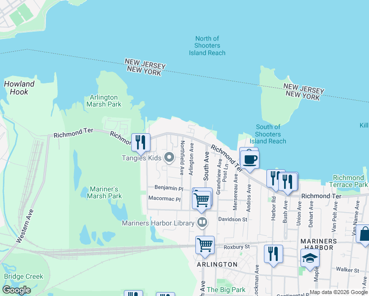 map of restaurants, bars, coffee shops, grocery stores, and more near 40 Arlington Avenue in Staten Island