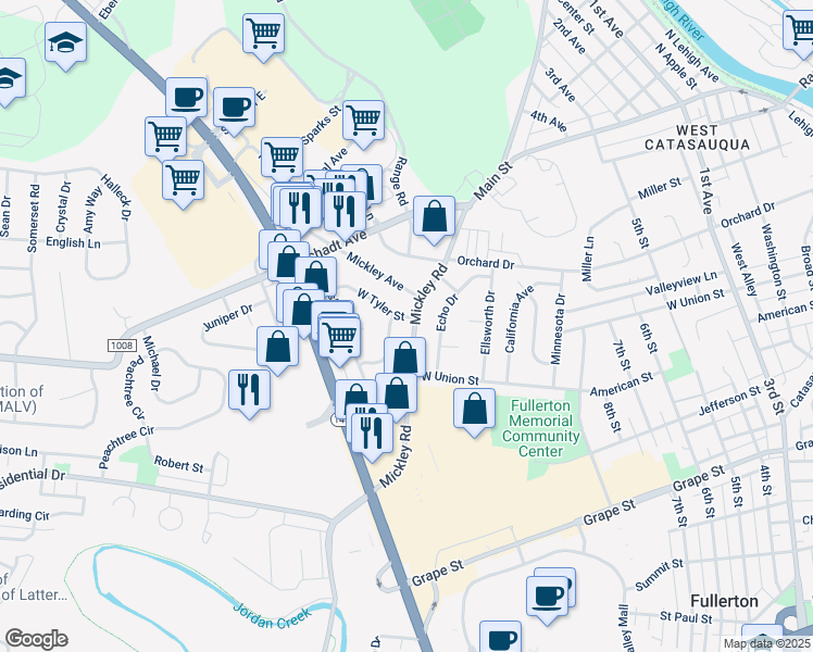 map of restaurants, bars, coffee shops, grocery stores, and more near 1242 Mickley Road in Fullerton