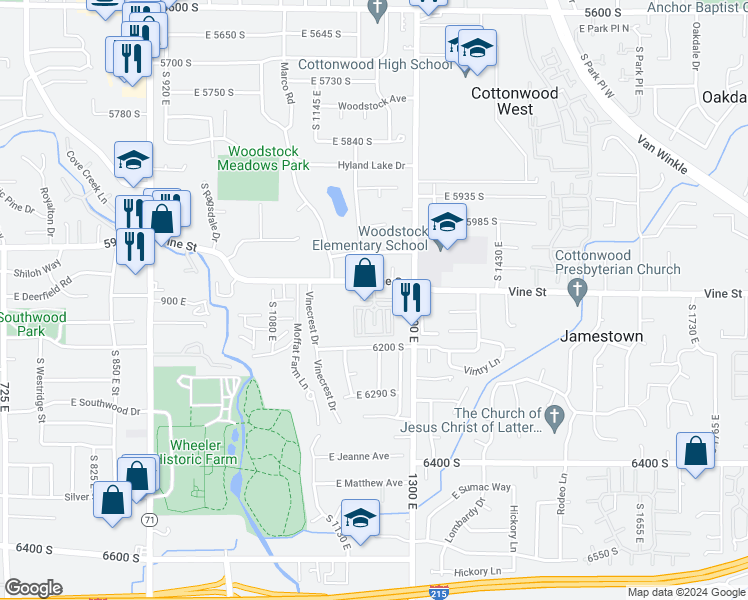 map of restaurants, bars, coffee shops, grocery stores, and more near 6136 Vine Park Drive in Murray