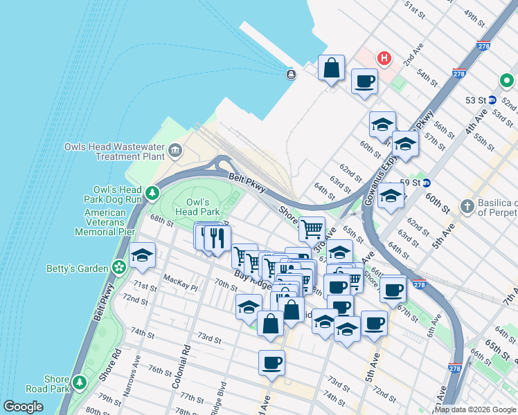 map of restaurants, bars, coffee shops, grocery stores, and more near 6637 Sedgwick Place in Brooklyn