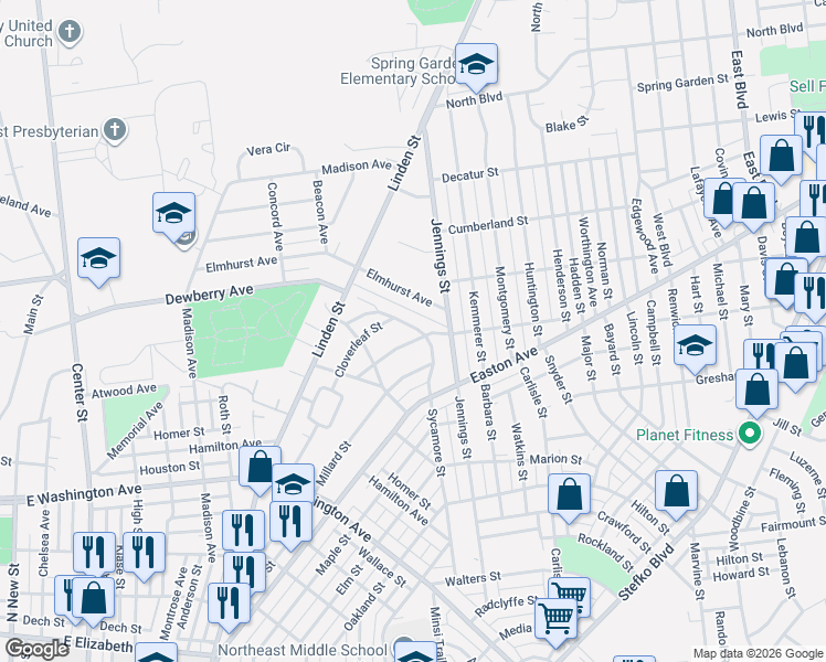 map of restaurants, bars, coffee shops, grocery stores, and more near 1848 Arlington Street in Bethlehem