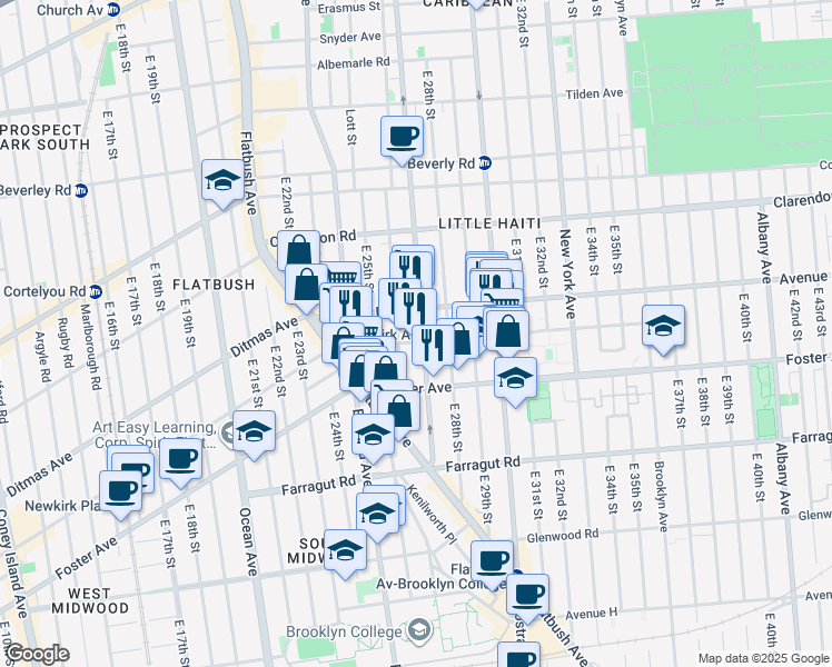 map of restaurants, bars, coffee shops, grocery stores, and more near 1242 Rogers Avenue in Brooklyn